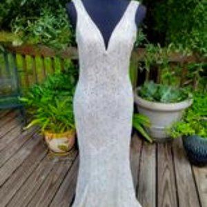 Bailey Blue Creme & Gold Knit Mermaid Evening Gown